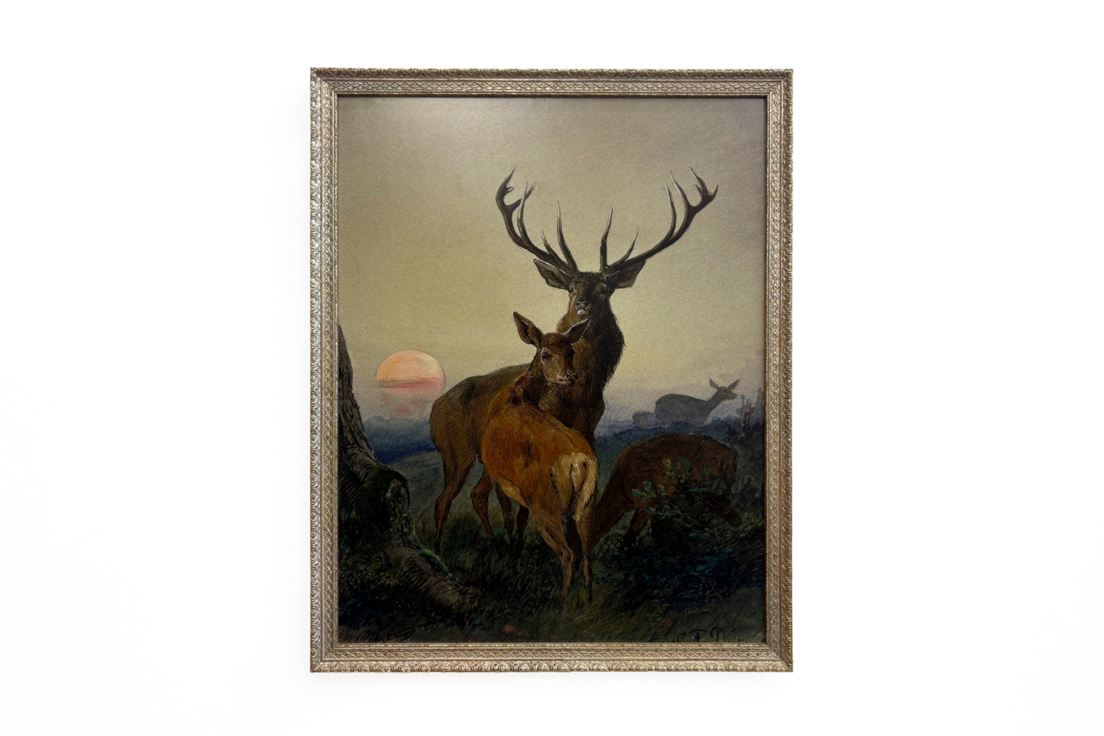 Jelen s jelenem v zalesněné krajině při západu slunce - Carl Friedrich Deiker