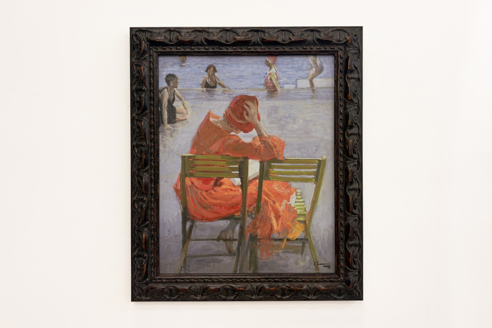 Dívka v červených šatech čtení u bazénu - John Lavery