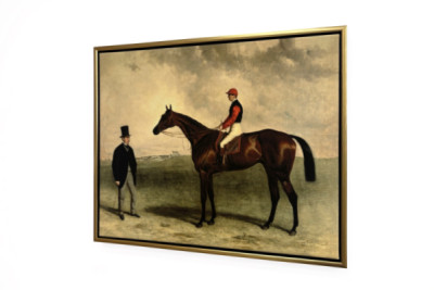 Gladiateur s Harrym Grimshawem a jeho majitelem, hrabětem Fredericem de Lagrange, 1865