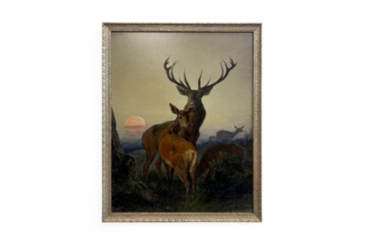 Jelen s jelenem v zalesněné krajině při západu slunce - Carl Friedrich Deiker