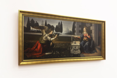 Italia Toscana Firenze, Uffizi-galleria: Annunciation, Leonardo da Vincin (1452-1519) maalaus, öljy puulle, n. 1472-1475, 98x217 cm