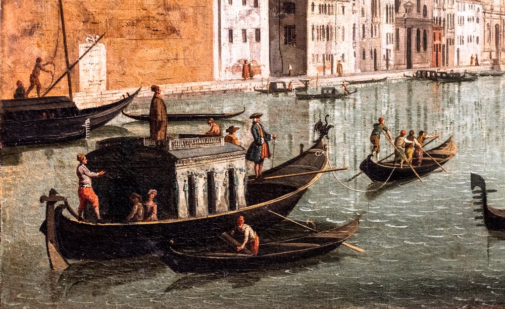 Velký kanál mezi kostely Santa Croce a San Geremia, detail od (1697-1768) Canaletto