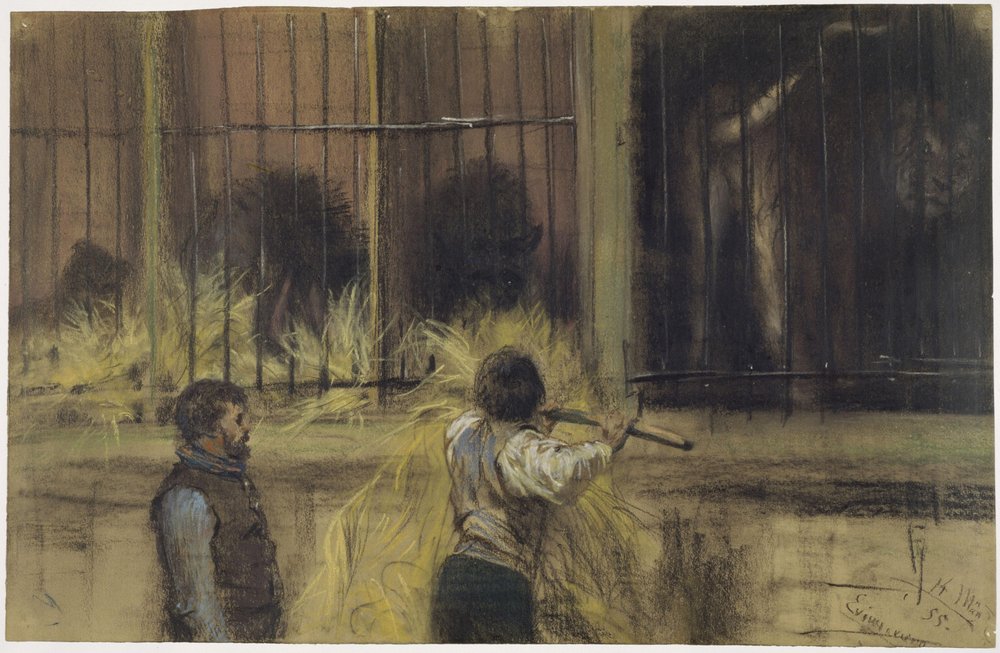 Dva ošetřovatelé před pavilonem dravců od Adolph Menzel