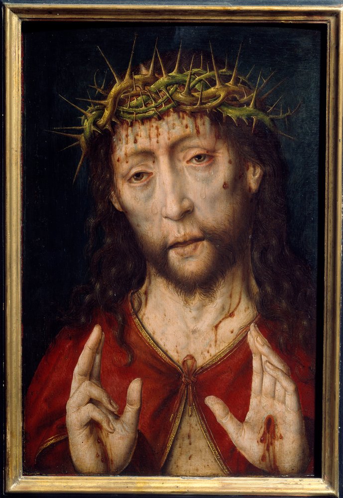 Kristus bolestný. Tvář Krista s krvácejícími ranami od trnové koruny a stigmaty v dlaních. Obraz Albrechta Boutse (kolem 1455-1549), Ec. Hol. od Albrecht Bouts