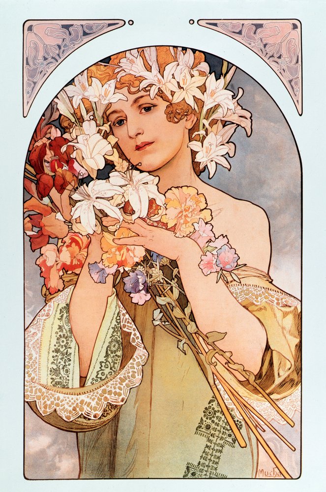 Plakát Alfonse Muchy (1860-1939) nazvaný „Květina“, série litografií o květinách, 1897. Rozměry 44 x 66 cm. Soukromá sbírka od Alphonse Mucha
