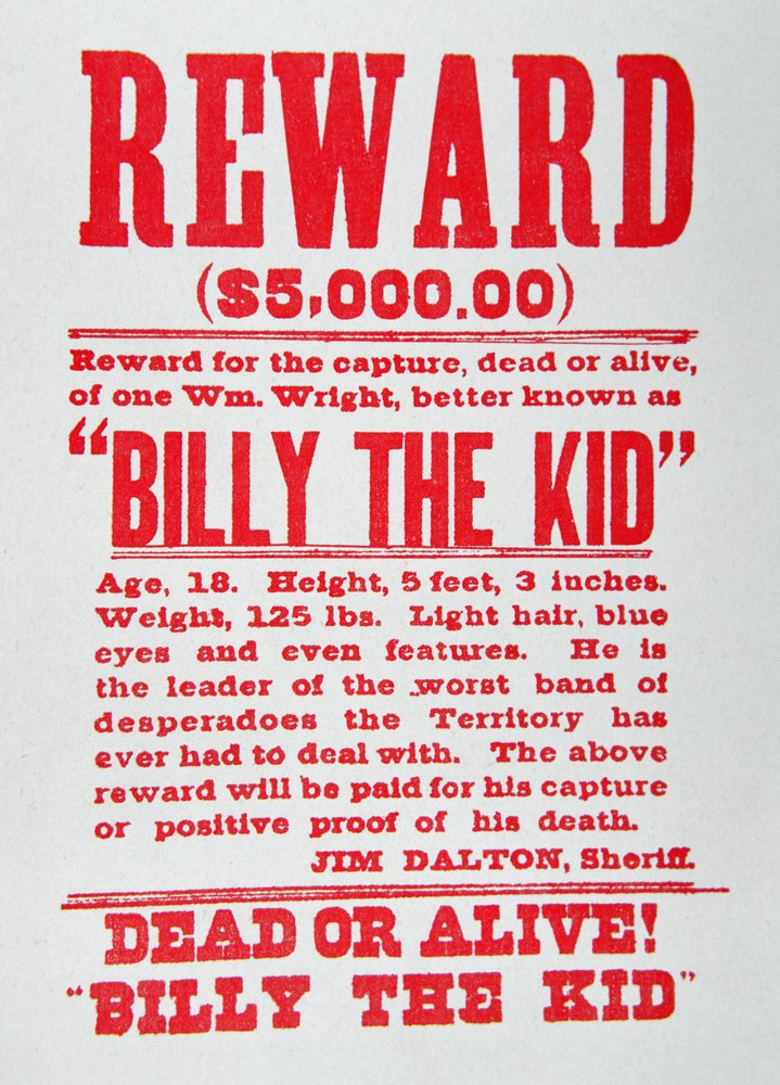 Plakát s odměnou pro Billyho the Kid (1859-81) (litho) od American School