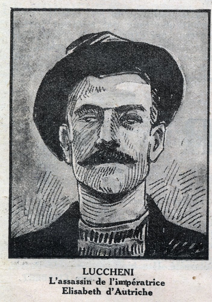 Portrét Luigiho Lucheniho (1873-1910), italského anarchisty, vraha Alžběty z Wittelsbachu, rakouské císařovny známé jako Sissi, v roce 1898. Rytina v „L