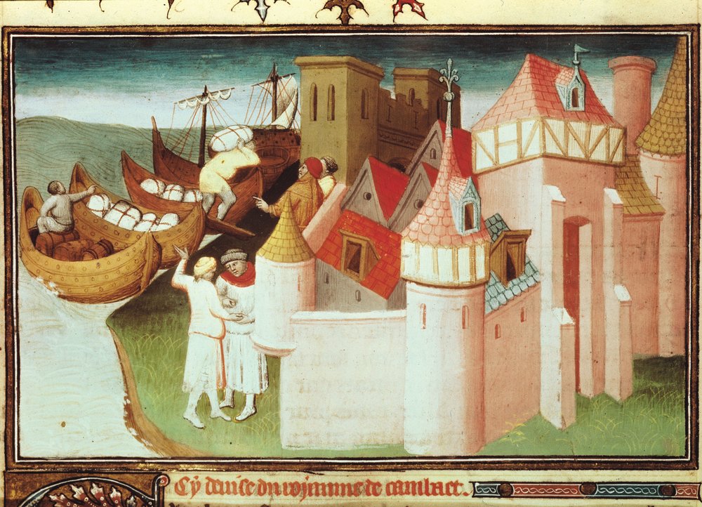 Ms Fr 2810 f.86v, Obchod v Kambajském zálivu, Indie, z "Livre des Merveilles du Monde", asi 1410-12 (tempera na pergamenu) od Boucicaut Master