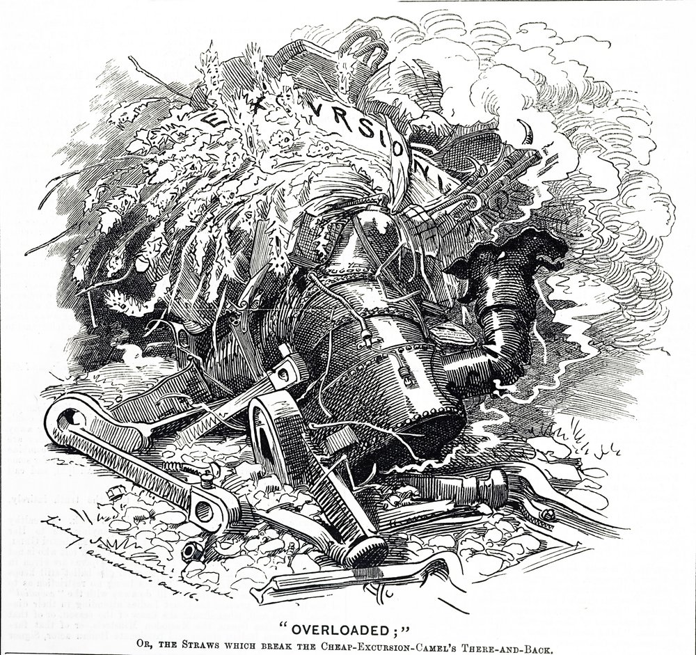 Karikatura s názvem „Přetíženo“; nebo sláma, která zlomila velbloudovi hřbet od Edward Linley Sambourne