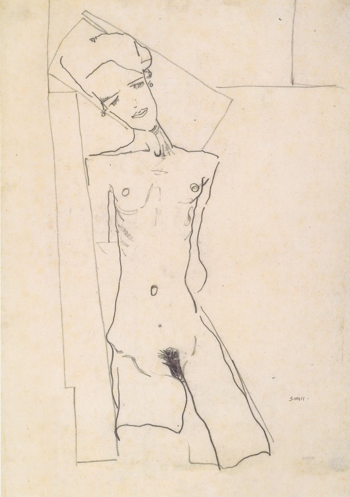 Stojící ženský akt před geometrickými tvary od Egon Schiele