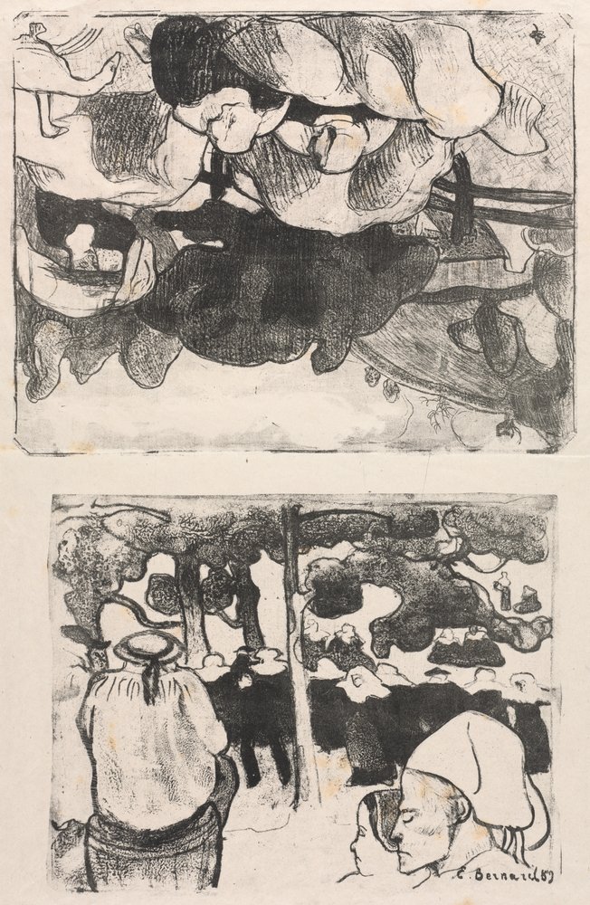 Les Bretonneries: Bretonské ženy dělající kupky sena (Bretonnes Faisant les Foins) a Svatba v Bretani (La Noce en Bretange) od Emile Bernard