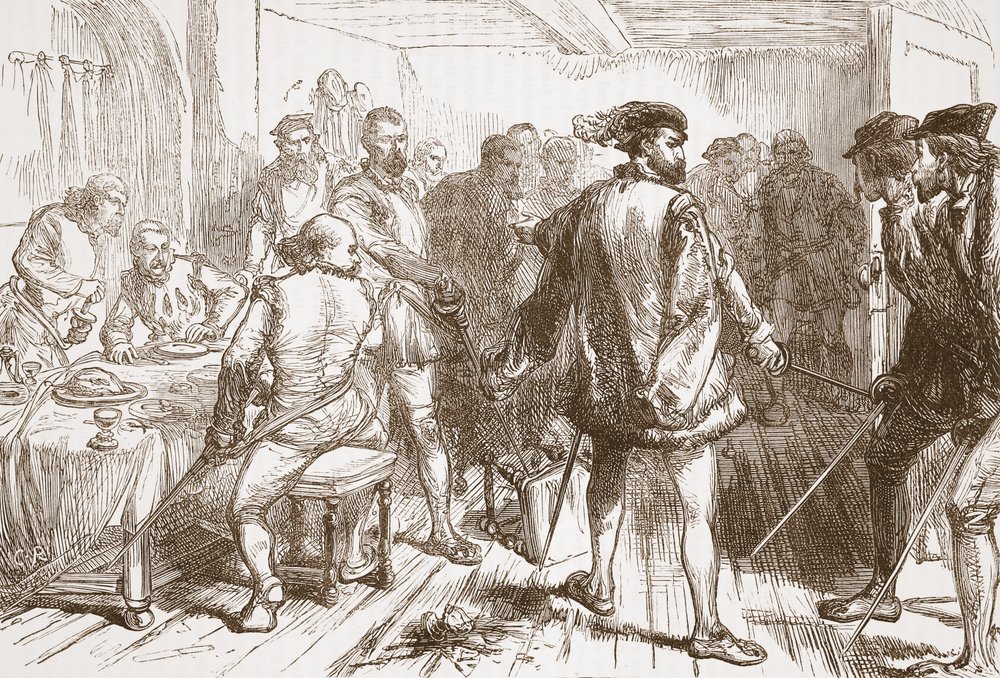 Kapela Mouchares útočící na protestanty v Hostelry v Faubourg St. Germain, ilustrace z Historie protestantismu od Jamese Aitkena Wylie (1808-1890), hospoda. 1878 od English School