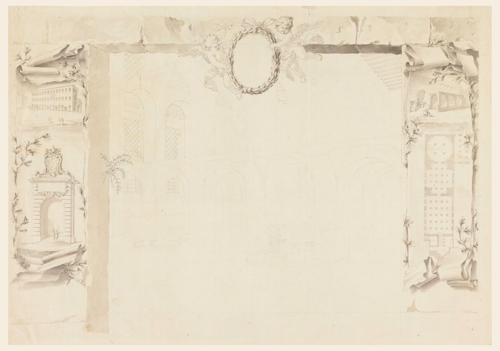 Kresba, Nedokončený návrh pamětního listu k výstavbě papežské továrny (Magazins of Annona), 1760-69 od Filippo Marchionni
