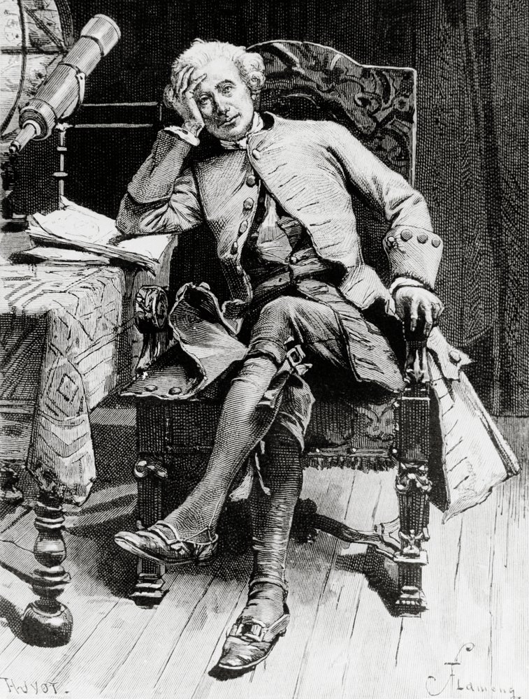 Portrét Guye Manneringa, hlavní postava Guye Manneringa nebo astrologa, román Waltera Scotta (1771-1832), rytina podle kresby Francoise Flamenga (1856-1923), z pařížského vydání od Francois Flameng