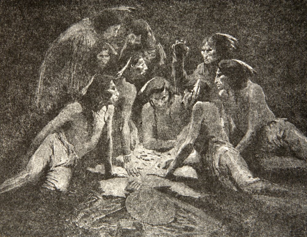 Všichni staříci a mladí muži... Hraje se do půlnoci, hraje se do rána, z The Song of Hiawatha od Henryho Wadswortha Longfellowa (1807-82), hospoda. George G. Harrap und Company Ltd., 1911 od Frederic Remington