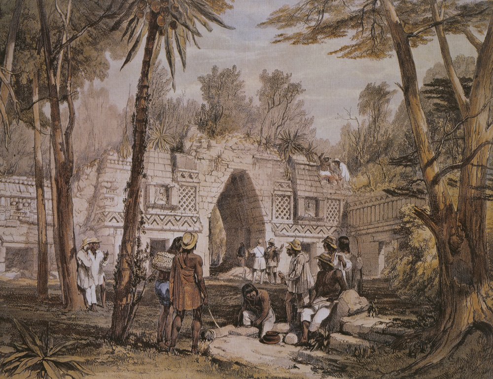 Oblouk v Labná, Yucatán, Mexiko, ilustrace z „Pohledů na starověké památky ve Střední Americe, Chiapasu a Yucatánu“, vydáno v Londýně roku 1844 od Frederick Catherwood