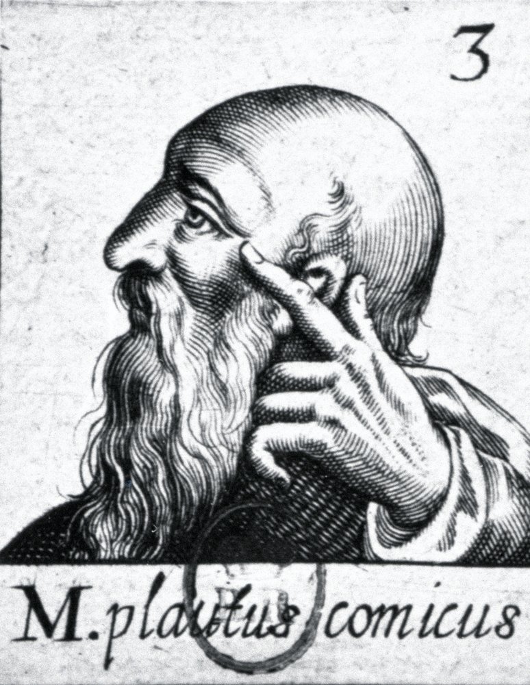 (zleva ve směru hodinových ručiček) Portrét Horacia (65-8 př. n. l.); portrét Scipia Aemiliana (Africanus Minor) (185-129 př. n. l.); portrét Plauta (asi 254-184 př. n. l.) (detail 84908) od French School
