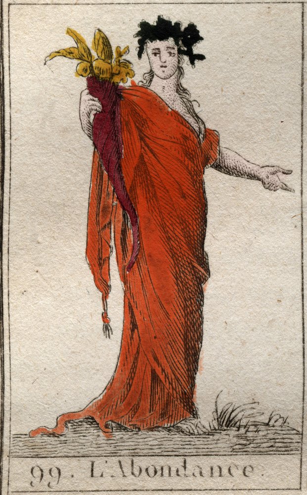 Personifikace hojnosti, držící roh hojnosti. Personifikace hojnosti, držení roh hojnosti. Z „Mytologie mládí“ od Pierra Blancharda 1803. od French School