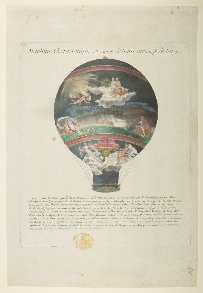 Balón Montgolfier se „slavnými klasickými odkazy“, Machine Aerostatique o 126 b de haut sur 100 b de large (barevné rytí) od French School