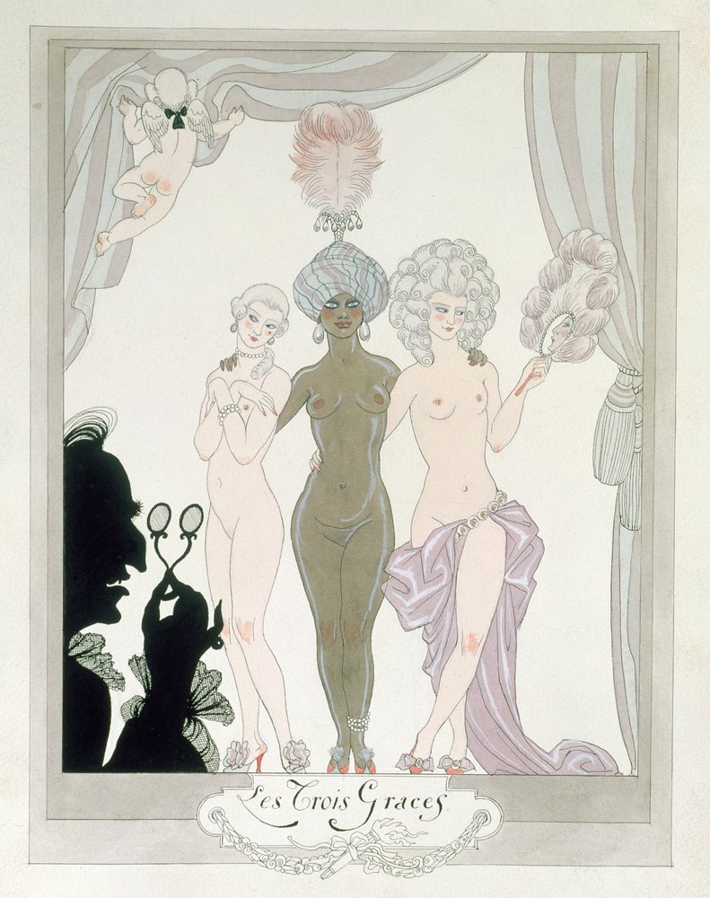 Tři grácie (pero, inkoust a akvarel na papíře) od Georges Barbier