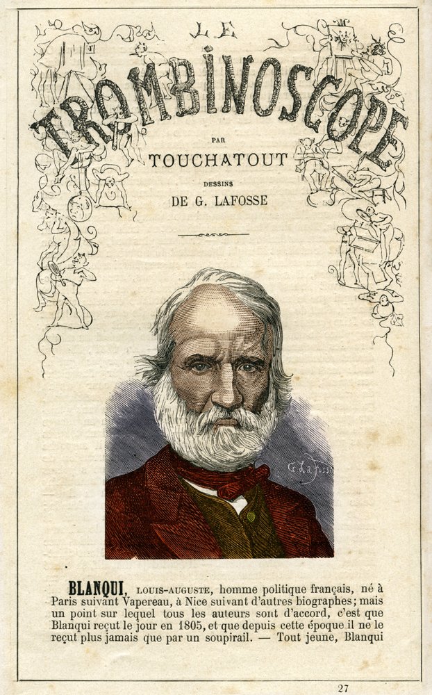 Louis-Auguste BLANQUI (1805-1881) - ilustrace z "Le Trombinoscope", satirického politického časopisu Leona-Charlese Bienvenua, známého jako Touchatout (1835-1910) , monografie. 27, Paříž, březen 1872 od Georges Lafosse