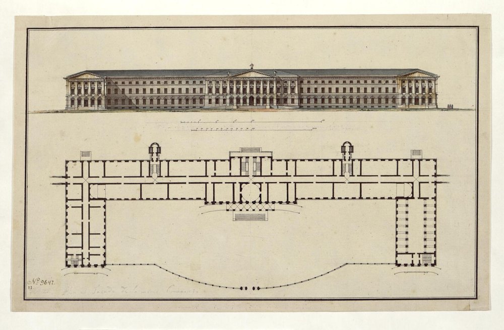 Projekt Smolného ústavu. Hlavní fasáda a půdorys přízemí, 1806-1808 od Giacomo Antonio Domenico Quarenghi