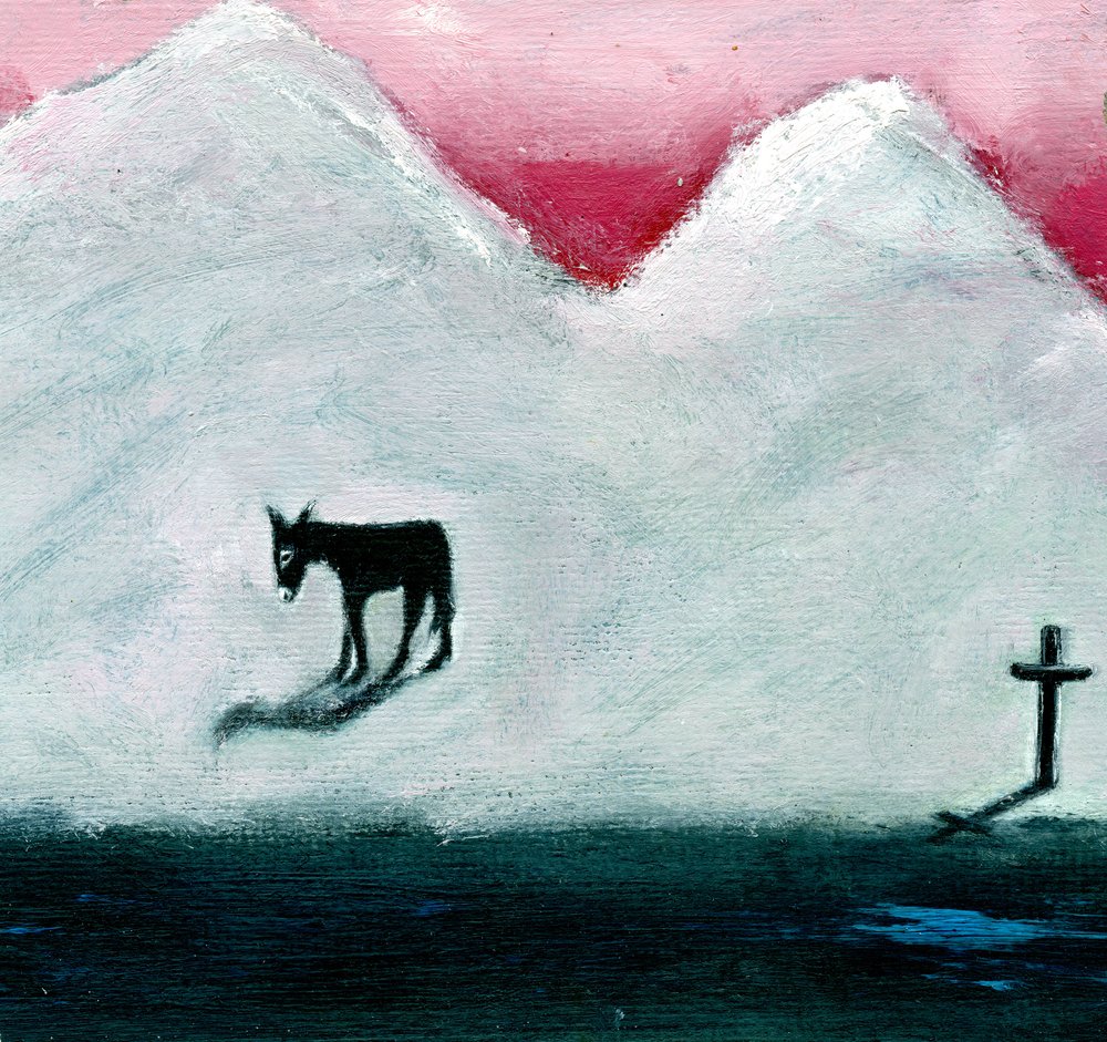 Osel a kříž,2003, (olej na papíře) od Gigi Sudbury
