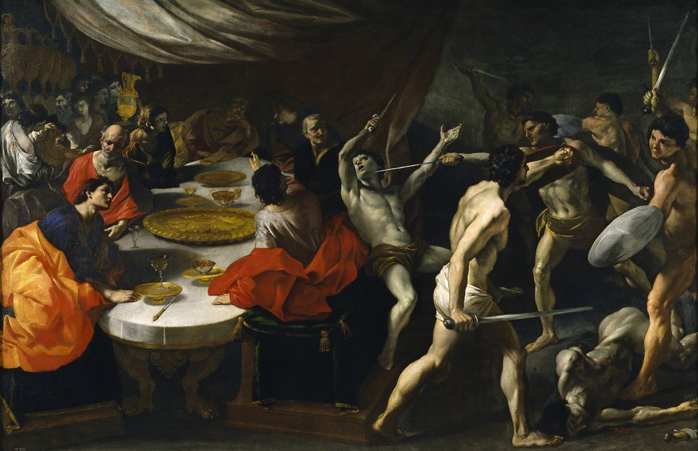Gladiátor bojuje na banketu od Giovanni Lanfranco