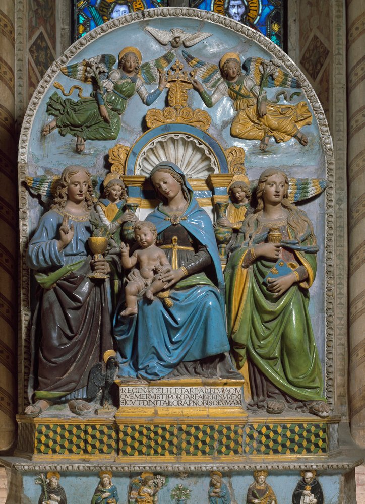 Panna a dítě se svatou Madeleine a svatým Janem Evangelistou Mramorová a terakotová polychromie od Giovanni della Robbia (1469-1529) Florencie, kostel Santa Croce, Cappella Pulci od Giovanni della Robbia