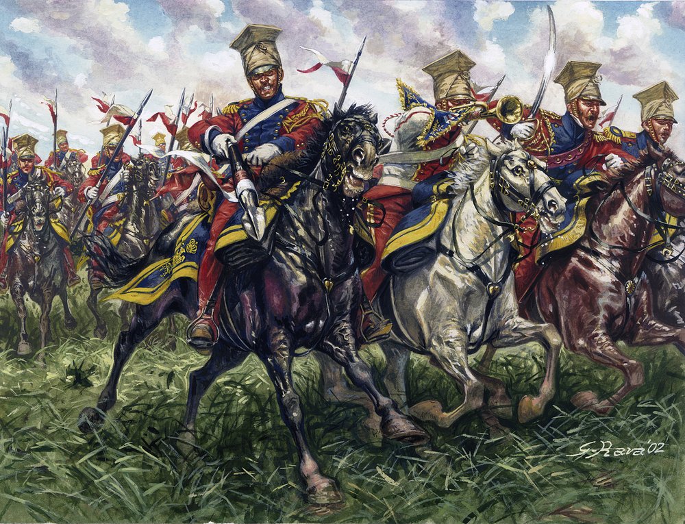 První císařství: Červený pluk kopiníků nebo pluk jízdních legionářů císařské gardy během bitvy u Waterloo 18. 6. 1815 - První císařství: 2. pluk lehkých jízdních kopiníků císařské gardy (Červený pluk kopiníků nebo Rudí kopiníci) během bitvy u Wa od Giuseppe Rava