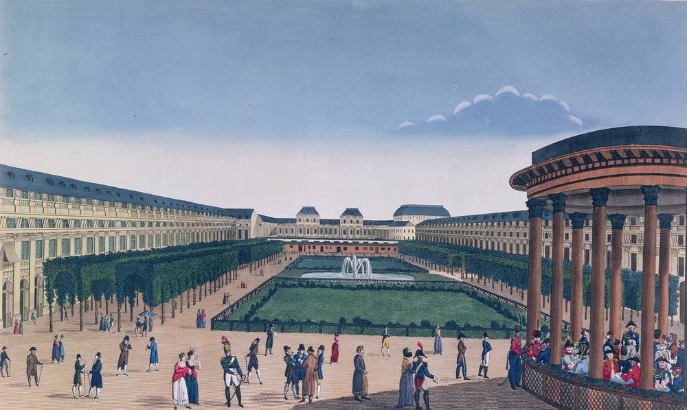Pohled na zahrady Palais Royal, jak je vidět z rotundy, vyryl Eugene Aubert, kolem roku 1820 od Henri Courvoisier-Voisin