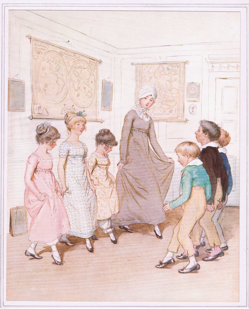 Slečna Phoebe dává lekci tance půl tuctu žáků a dělá, co může. od Hugh Thomson