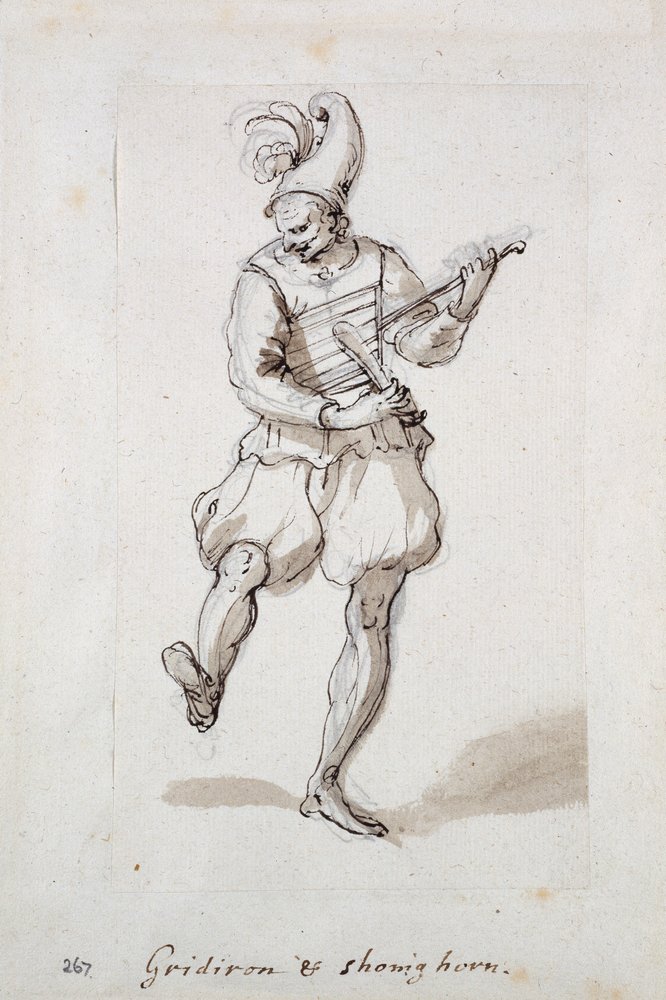 Muž s roštem a rohem na boty (pero a inkoust na papíře) od Inigo Jones