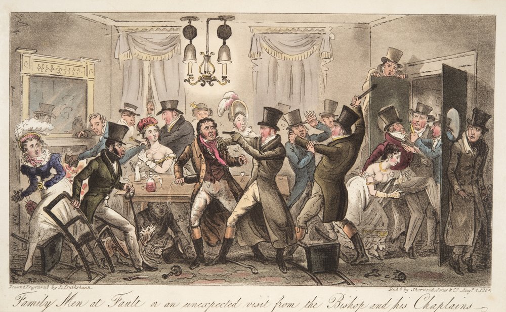 Family Men at Fault, aneb neočekávaná návštěva biskupa a jeho kaplanů, z hospody The English Spy. 1824 (ručně kolorovaná rytina) od Isaac Robert Cruikshank