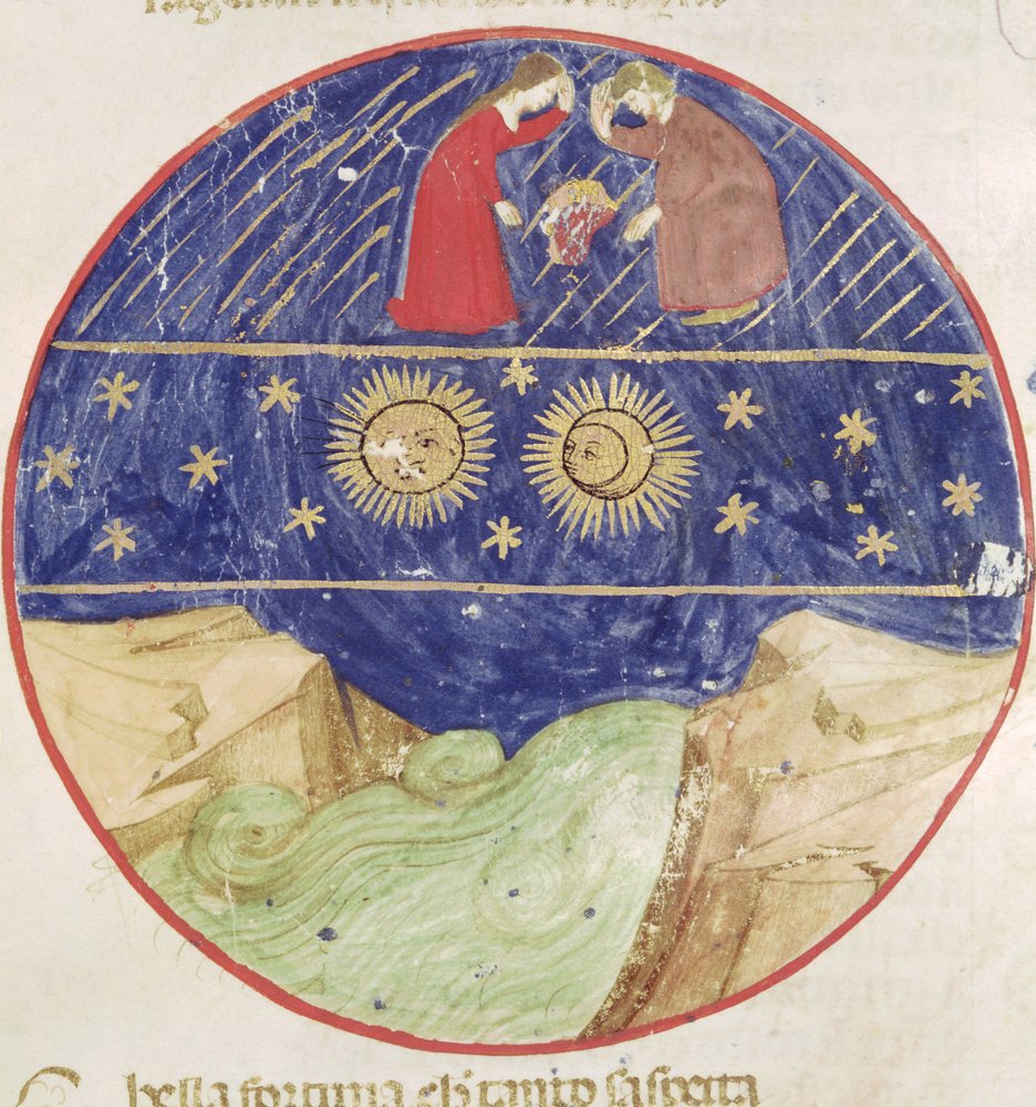 Dante a Beatrice uvažují o znamení Blíženců, planet a Země, z Divina Commedia od Dante Alighieriho (1265-1321) od Italian School