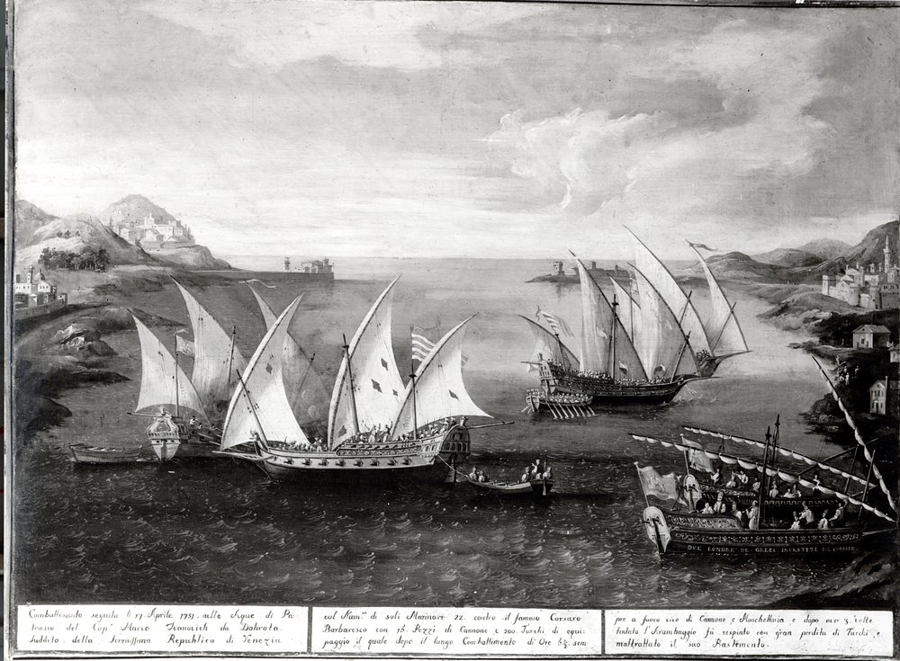 Incident u Patrasu mezi benátským kapitánem Ivanovičem da Dabrotou a tureckým pirátem Barbarossou, 17. dubna 1751 od Italian School