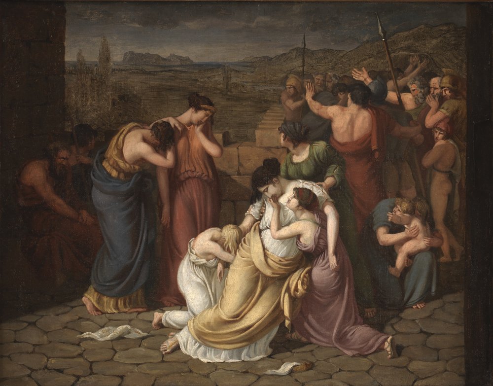 Andromache v zoufalství při pohledu na Hectorovo tělo od J.L. Lund