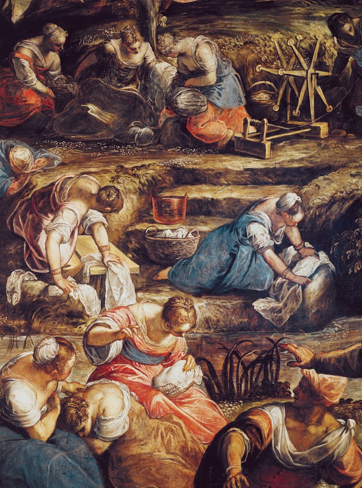 Zázračný pád Manny, detail pracujících žen od Jacopo Robusti Tintoretto