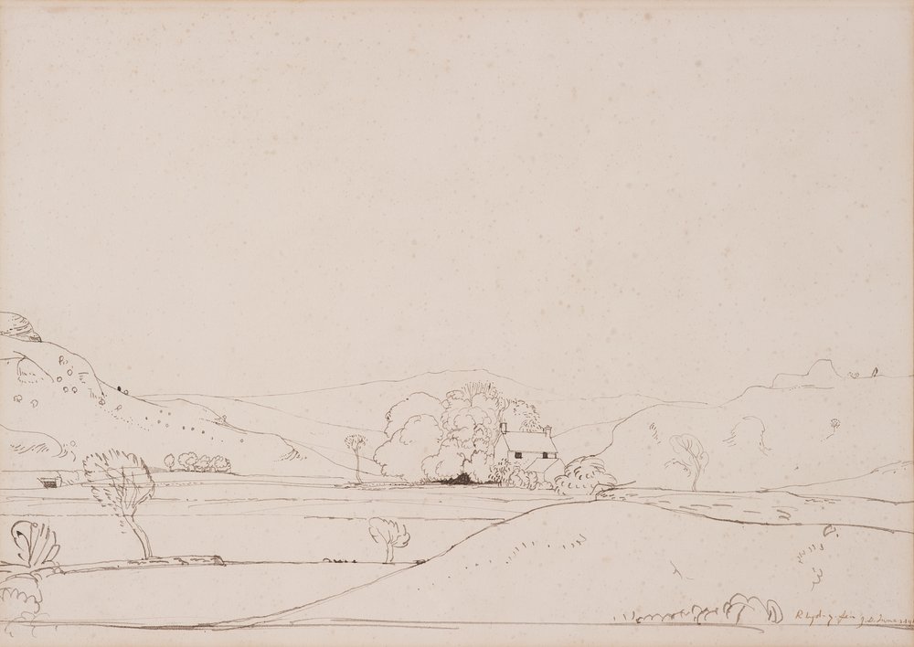Rhyd-y-Fen, 1911 (pero a hnědý inkoust na papíře) od James Dickson Innes
