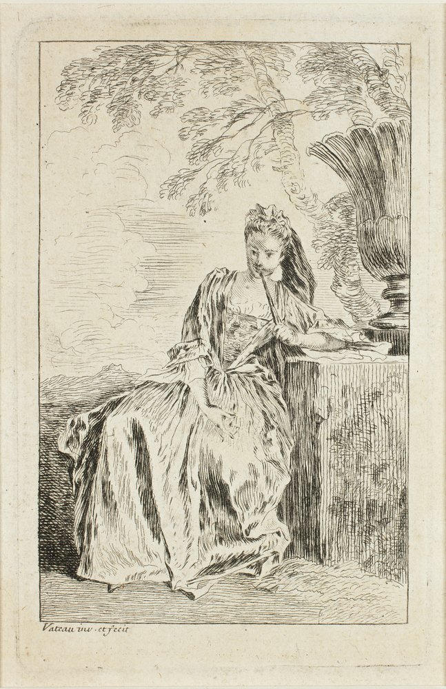 Sedící žena opřená o podstavec od Jean-Antoine Watteau