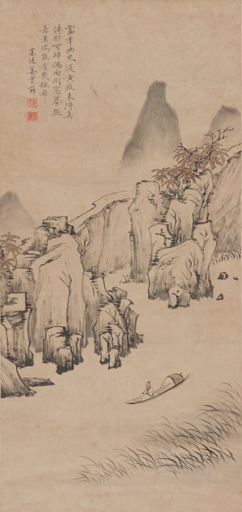 Říční krajina s mužem ve člunu, dynastie Qing, konec 17.-začátek 18. století (inkoust a barva na papíře) od Jiang Shijie