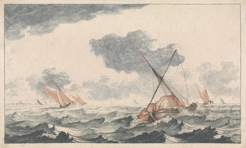Žehlení plachty Lodě na moři (série A) (název série) od Johannes Jacobsz van den Aveele (attributed to)