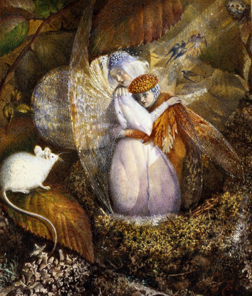 Zamilované víly v ptačím hnízdě pozorující bílou myš, kolem 1860 od John Anster Fitzgerald