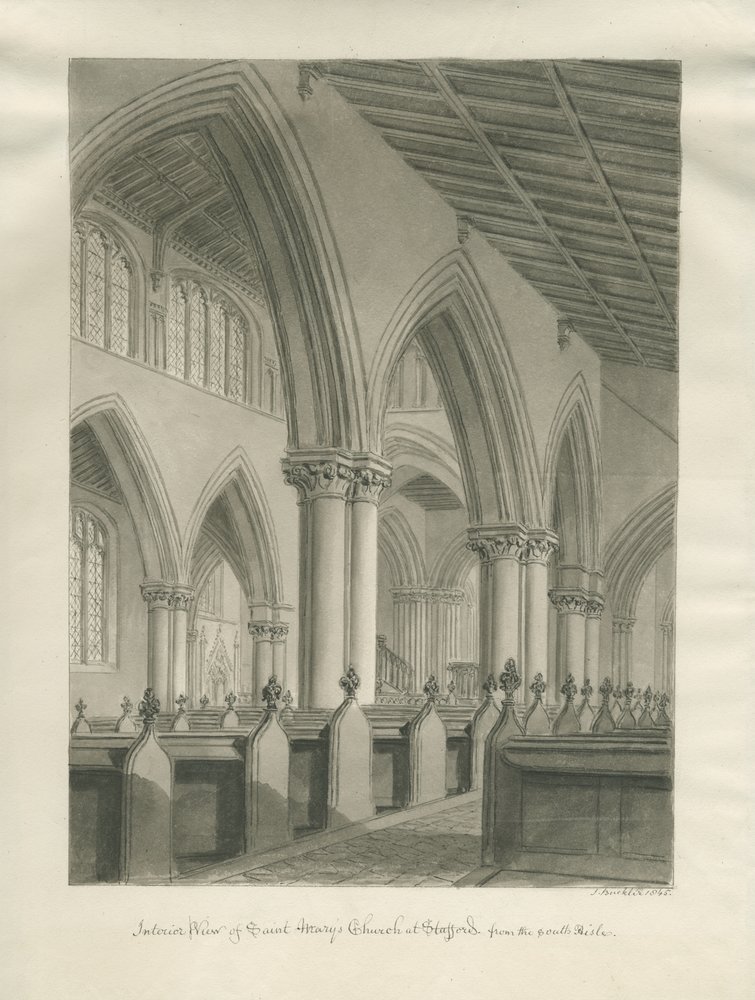 Stafford - Interiér kostela Panny Marie: sépiová kresba, 1845 od John Buckler