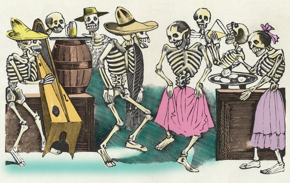 Živí mrtví: "" Gran Fandango y Francachela de todas las Calaveras "", xylografie José Guadalupe Posady (1852-1913) ilustrující oslavy Dne mrtvých (1. listopadu). Mexiko. od Jose Guadalupe Posada