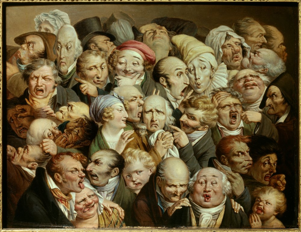 Karikatura: série směšných výrazů - soubor 35 výrazových hlav. Malba Louis Léopolda Boillyho (1761-1845), kolem 1825. Olej na dřevě. Rozměry: 0,19 x 0,25 m. Tourcoing, Musée des Beaux-Arts - Soubor 35 výrazů obličeje. Karikatura: studie r od Louis Leopold Boilly