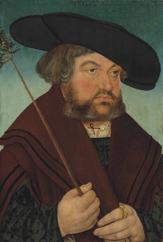 Portrét muže v černém kabátci a hnědém plášti, držícího větev od Lucas Cranach the Elder