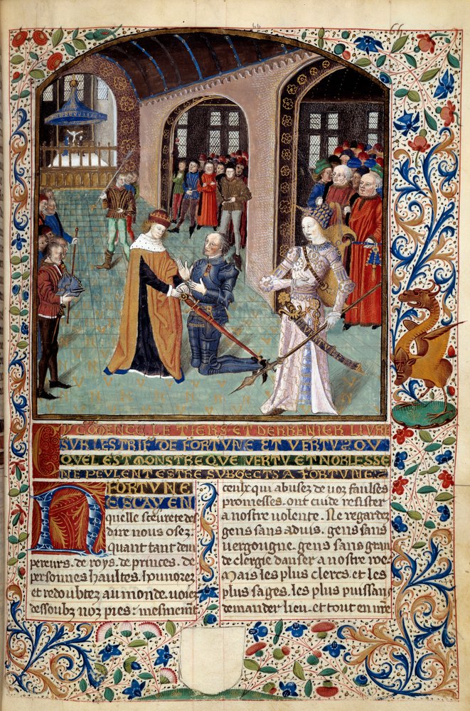 Alegorie ctnosti: vazal vzdávající hold svému pánovi v přítomnosti ctnosti. Miniatura z „Duch štěstí a ctnosti“ od Martina Le Franc (1410-1461) 1447-1448, Paris B.N. od Martin Le Franc