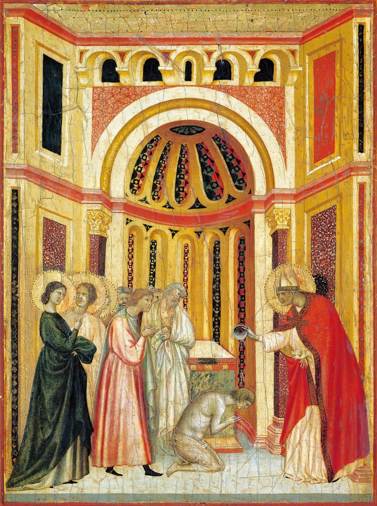 Biskup Urban křtí Tiburcia, detail z oltářního obrazu Legendy o svaté Cecílii, kolem roku 1304, od Mistra svaté Cecílie (aktivní počátek 14. století), tempera na desce a plátkovém zlatě vyraženo, 85x181 cm od Master of Saint Cecilia