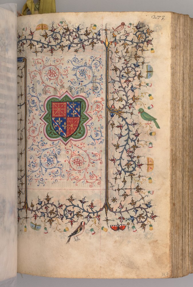 Hodiny Karla Vznešeného, krále navarrského 1361-1425: fol. 137r, Erb..., k.ú. 1405. od Master of the Brussels Initials and Associates